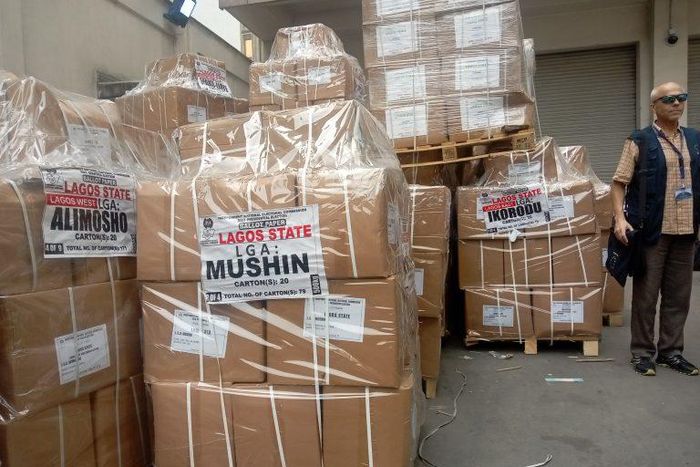 Electoral materials for distributions in Lagos on Wednesday at CBN office Lagos. [NAN]