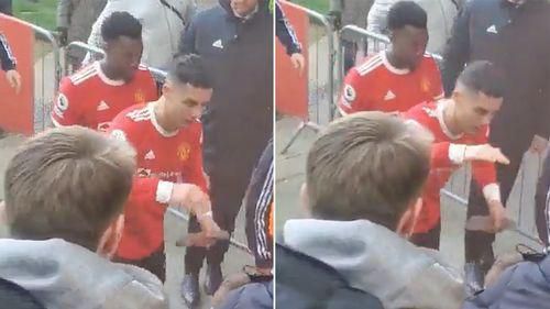 Ronaldo hits a phone off the hands of an Everton fan at Goodison Park