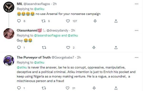 Nigerians react to Atiku Abubakar's tweet about Arsenal and Nigeria