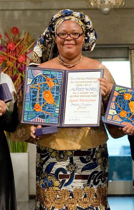 Gbowee with her Nobel Peace Prize [Nobel]