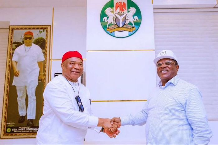 L-R: Gov. Hope Uzodimma and Minister of Works, Chief Dave Umahi when Umahi paid a working visit to the Imo State Governor at Government House Owerri on Friday. [NAN]
