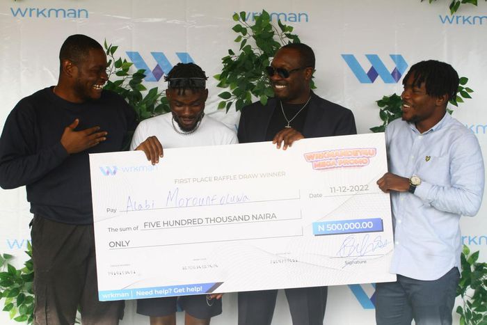 (L-R) Chief Operating Officer, Wrkman, Kechi Okpara, Wrkmandey4u Mega Promo First Prize Winner of N500,000, Alabi Morounfoluwa; Chief Executive Officer, Wrkman, Tunde Eboho and Chief Marketing Officer, Wrkman, Oluwakayode Akinbode, at the Wrkmandey4u M...