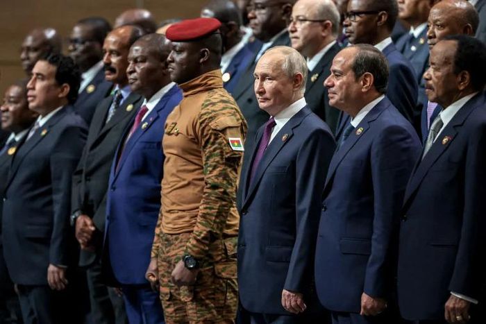 Russian President Vladimir Putin alongside African leaders and delegates at the second Russia-Africa summit in Saint Petersburg.