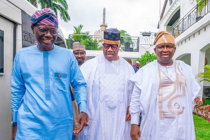L-R: Lagos State governor, Babajide Sanwo-Olu, Senator Godswill Akpabio, and Senator Adeola Solomon [NAN]