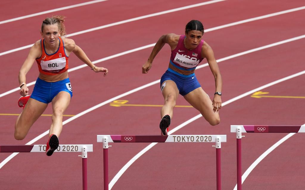 US sprinter Sydney McLaughlin in the women's 400-meter hurdle final at the Tokyo Olympics on August 4, 2021.