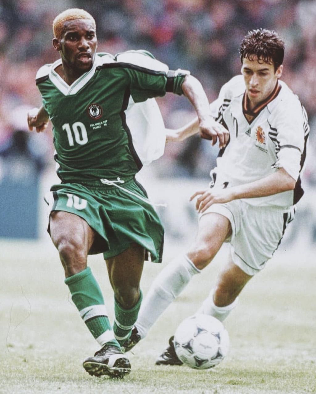 Okocha and Raul Gonzalez of Spain in France 1998.