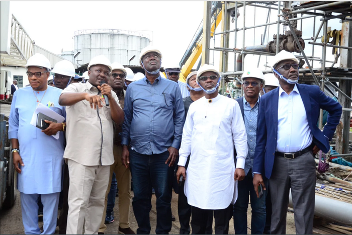 Minister of State for Petroleum (Oil), Sen. Heineken Lokpobiri, (Middle), with Minister of State for Petroleum (Gas), Mr Ekperikpe Ekpo; Permanent Secretary, Ministry of Petroleum Resources, Amb. Gabriel Aduda, Group CEO, NNPC Ltd., Mr Mele Kyari, and ...