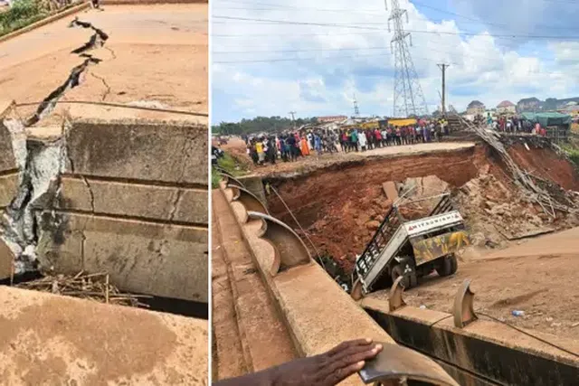 Photo combination of the collapsed bridge on Enugu-Port Harcourt Expressway [Channels TV]