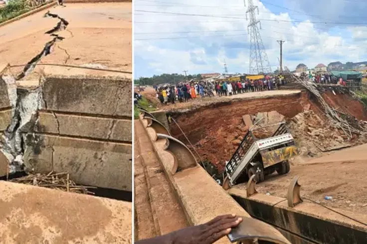 Photo combination of the collapsed bridge on Enugu-Port Harcourt Expressway [Channels TV]