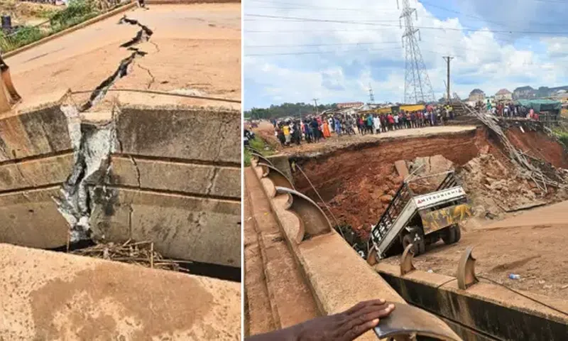 Photo combination of the collapsed bridge on Enugu-Port Harcourt Expressway [Channels TV]