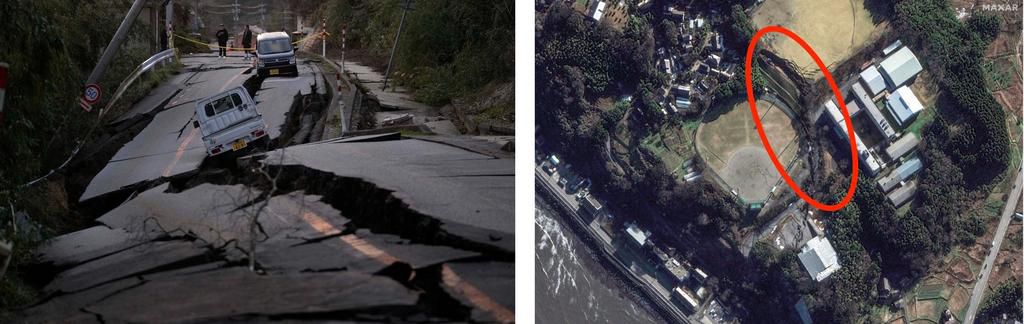 A road destroyed by the earthquake is shown on the left while another giant fissure is shown from a satellite image on the right. ASSOCIATED PRESS (left) / Satellite image 2024 Maxar Technologies (right)