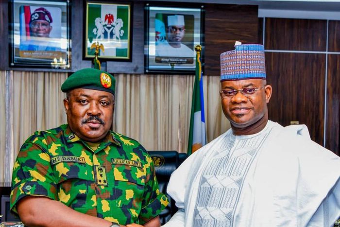 Gov. Yahaya Bello of Kogi (left) in shaking hand shake with the new Commander 12 Brigade Nigerian Army Lokoja during his courtesy visit to the Governor at Government House Lokoja. [NAN]