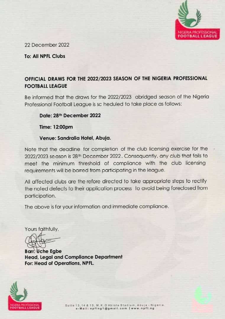 NPFL circular to NPFL Clubs