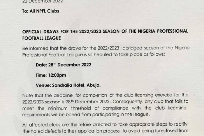 NPFL circular to NPFL Clubs