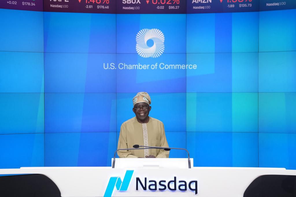 President Bola Tinubu rings the closing bell at NASDAQ in New York. [X:@NasdaqExchange]