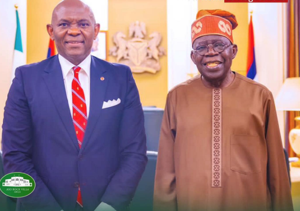 Tony Elumelu, the Chairman of Heirs Holdings and Transcorp Plc and President Bola Tinubu. [Presidency]