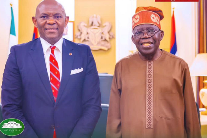 Tony Elumelu, the Chairman of Heirs Holdings and Transcorp Plc and President Bola Tinubu. [Presidency]