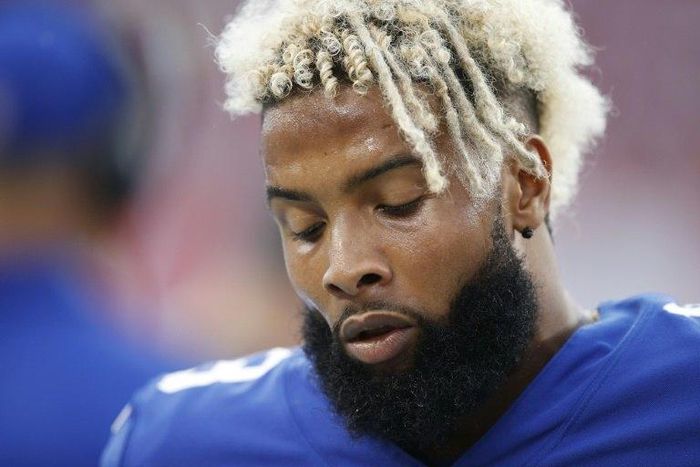 Odell Beckham Jr. of the New York Giants reacts on the sideline in the fourth quarter of a game against the Tampa Bay Buccaneers at Raymond James Stadium on October 1, 2017 in Tampa, Florida
