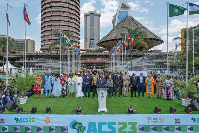 President William Ruto, at podium, flanked by African leaders at the Africa Climate Summit in Nairobi, September 6, 2023. Photo credits: Simon Maina, AFP