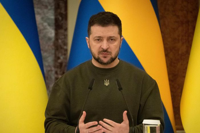 Ukrainian President Volodymyr Zelenskyy at a news conference in Kyiv, Ukraine, on February 15, 2023.Efrem Lukatsky/AP Photo