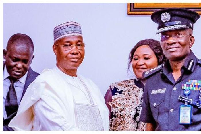 Ex-IGP Usman Baba (L) congratulates IGP Kayode Egbetokun (R) after the latter’s decoration by Vice President Kashim Shettima at State House in Abuja on Tuesday, June 20, 2023 [Channels]