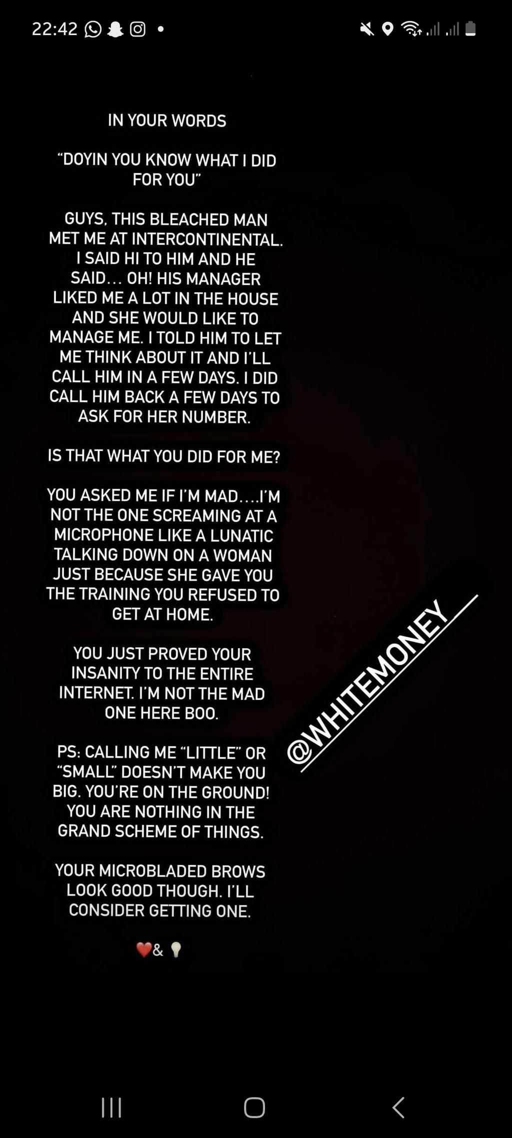 Doyin replies Whitemoney [Instagram/Offiialdoyin]