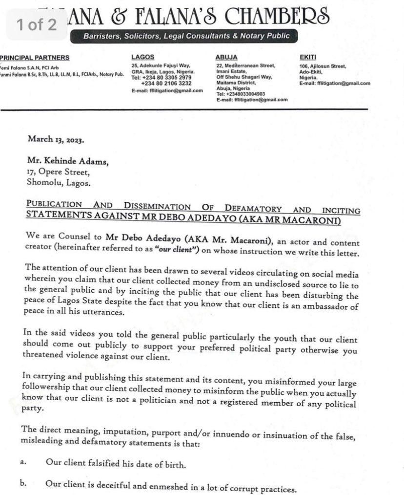 Mr. Macaroni serves Lege Miami with ₦‎50 million lawsuit for defamation