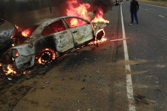 Tragedy strikes Edo as 12 passengers burnt to death in bus-truck collision