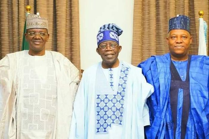 Senator Bola Ahmed Tinubu, Zamfara Governor, Bello Matawalle and former Borno state Governor, Kashim Shettima. [Twitter/@Shehusintalii]