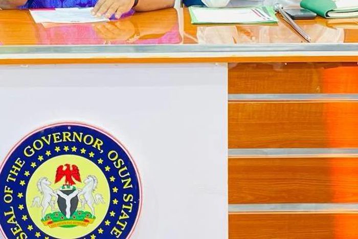 Gov. Adeleke and NSCDC State Commandant, Dr Akintayo Adaralewa, during the courtesy visit. [NAN]