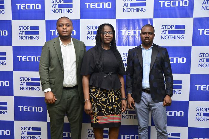 L-R: Chinma Banksharon-Nwaneri, Senior Marketing Manager, TECNO Nigeria; Thompson Ani, Marketing Manager; and Damilare Omotimehin, Marketing Supervisor during the TECNO media parley in Lagos on July 4, 2023
