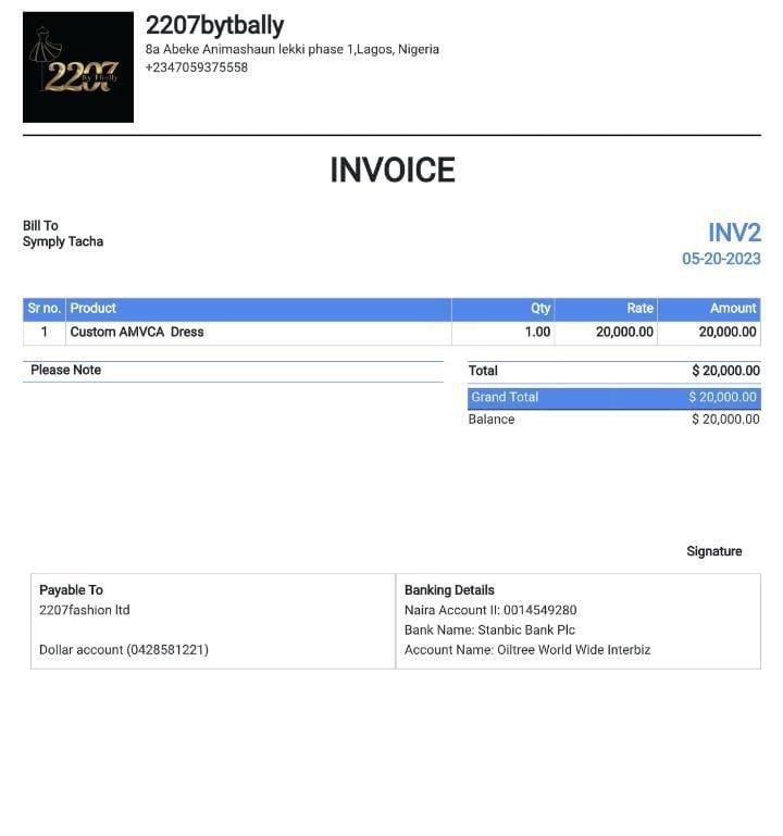 The receipt of Tacha's dress [Twitter/tacha]