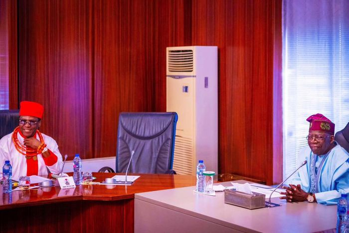 Tinubu meets with Oba of Benin, Omo N’Oba N’Edo Uku Akpolokpolo Ewuare II in Aso Rock. [Presidency]