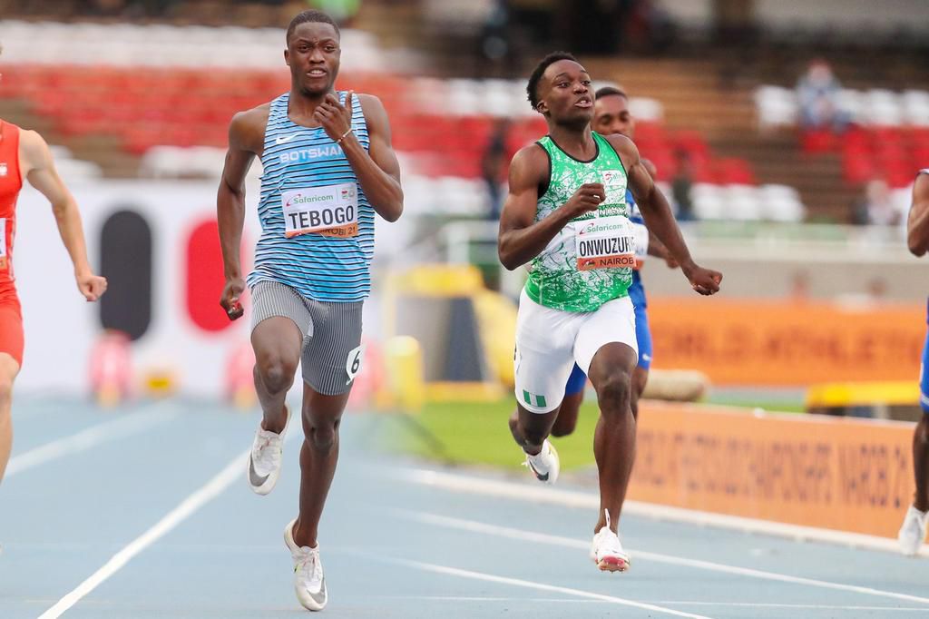 Letsile Tebogo in the 200m final in Nairobi, where he won the Silver medal behind Nigeria's Udodi Onwuzuruike