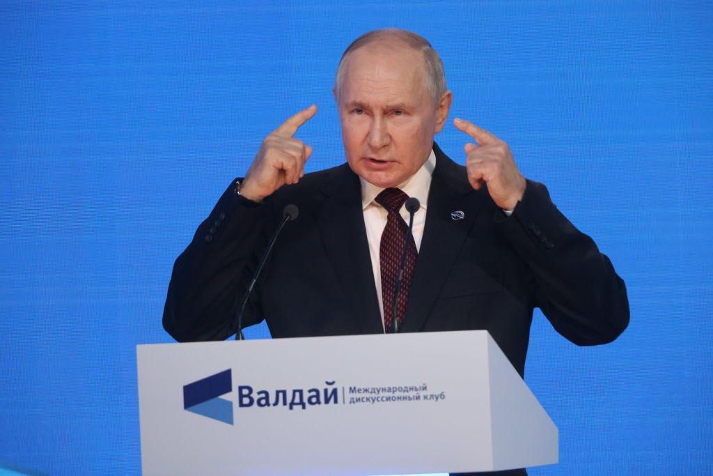 Russian President Vladimir Putin speaks during his annual meeting with participants of the Valdai Discussion Club on October 5, 2023 in Sochi, Russia.Contributor/Getty Images