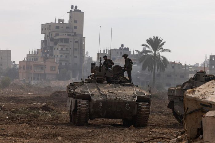 This picture taken during a media tour organized by the Israeli military on Jan. 8, 2024, shows troops operating in the area of al-Bureij in the central Gaza Strip.Photo by MENAHEM KAHANA/AFP via Getty Images