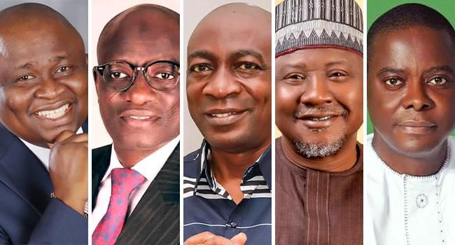 A photo combination of Senators Solomon Adeola, Ahmed Wadada, Adeyemi Adaramodu, Garba Musa Maidoki, and Okechukwu Ezea