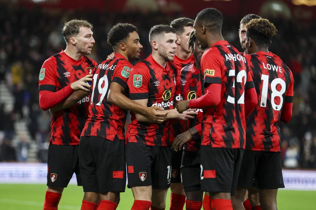 Bournemouth celebrate a goal against Everton.