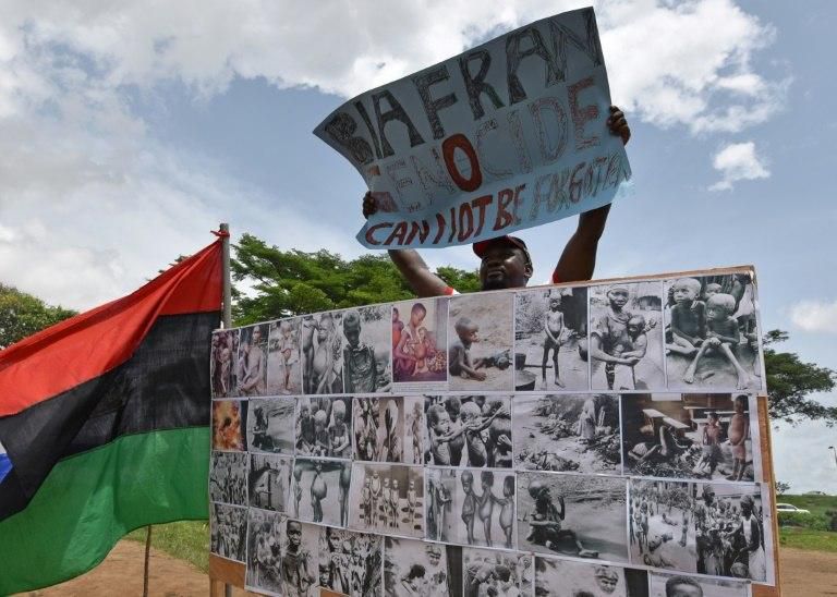 A pro-Biafra support demonstrates with flags and placards in May 2017 in Abidjan