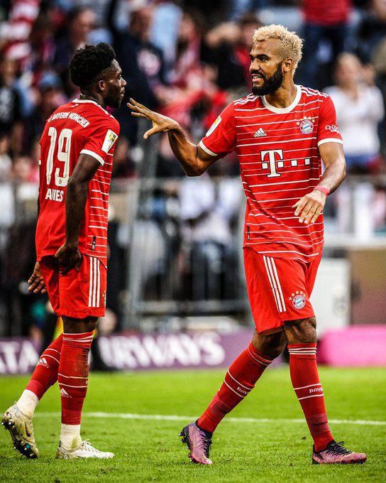 Choupo-Mouting celebrating a goal with Bayern Munich teammate David Alaba