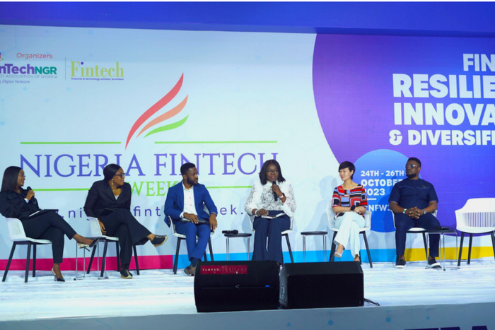 [L-R] Sitting third to right, Folu Aduloju, Head of Operations, PalmPay, alongside other industry stakeholders at the 2023 Nigeria Fintech Week, held at the Landmark Center, Lagos State, on Wednesday, October 25, 2023.