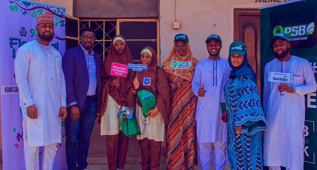 L- R: Sales Officer, 9 Payment Service Bank, Aminu Sani; Head, Sales, and Distribution 9PSB, Kunle Isiaka; Esther Daniel Obot & Mufida Sani Koguna, Students of Capital Girl's Secondary School; Relationship Officer, 9PSB, Zainab Aliyu; Team Lead Sales &...