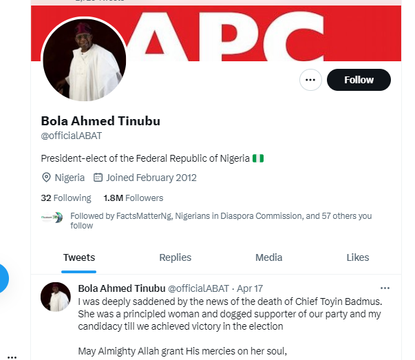A screenshot of Tinubu's Twitter handle bearing no blue tick.