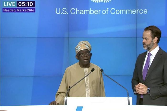 President Bola Tinubu rings the closing bell at NASDAQ in New York. [X:@NasdaqExchange]