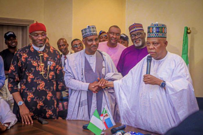 Vice President-elect, Kashim Shettima at his meeting with Hon. Tajudeen Abbas and Benjamin Kalu. [Twitter:@Imranmuhdz]