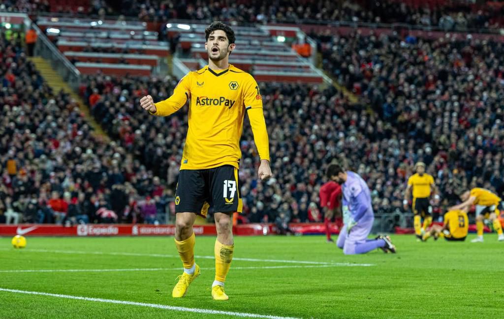 Goncalo Guedes celebrates after opening the scoring for Wolves against Liverpool