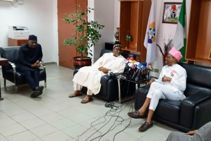 Minister of the Federal Capital Territory (FCT), Mr Nyesom Wike (2nd right), during a meeting with PDP Governors’ Forum led by its Chairman, Gov. Bala Mohammed of Bauchi State in Abuja on Wednesday [NAN]
