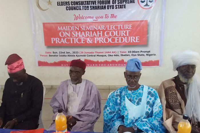 (L to R) Justice of Customary Court of Appeal, Oyo State, Justice Tajudeen AbddulGaniyu; President Shariah Panel, Oyo State, Sheik Ahmad Olawale; Chairman of Elders Consultative Forum, Alhaji Lasun Sanusi ( SAN) and National President, Supreme Council ...