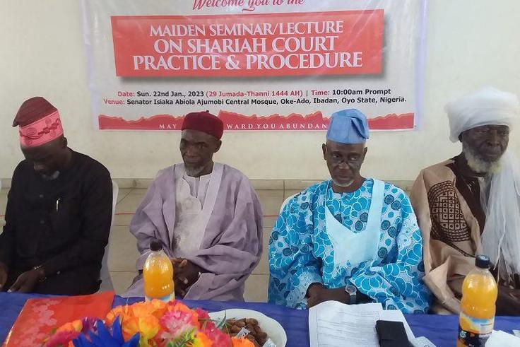 (L to R) Justice of Customary Court of Appeal, Oyo State, Justice Tajudeen AbddulGaniyu; President Shariah Panel, Oyo State, Sheik Ahmad Olawale; Chairman of Elders Consultative Forum, Alhaji Lasun Sanusi ( SAN) and National President, Supreme Council ...