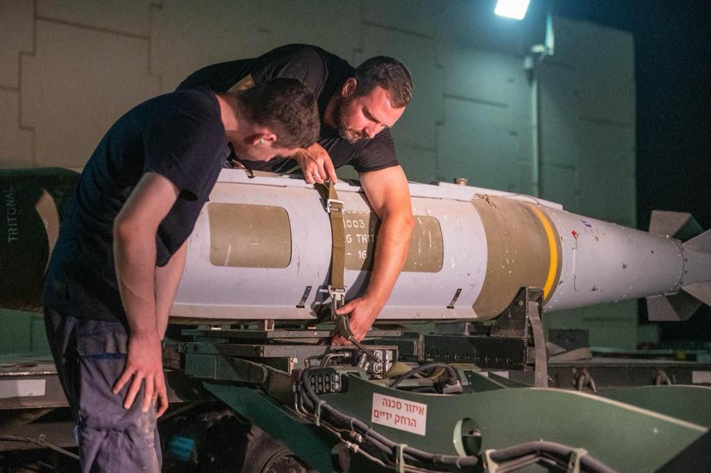Israeli Air Force personnel working with a JDAM. The photo is from an October 10, 2023 post on X.Israeli Air Force